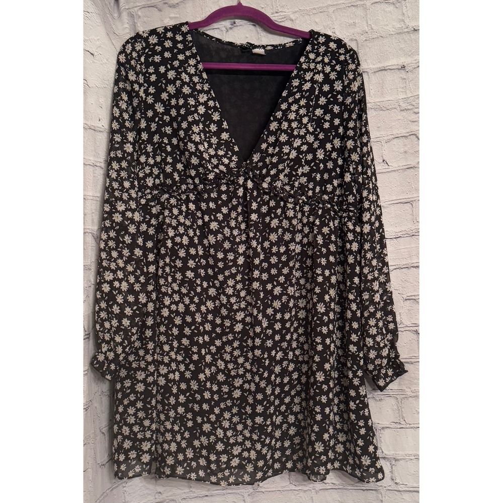 H&M Divided Black‎ Floral Print V Neck Long Sleeve Mini Dress Size Medium